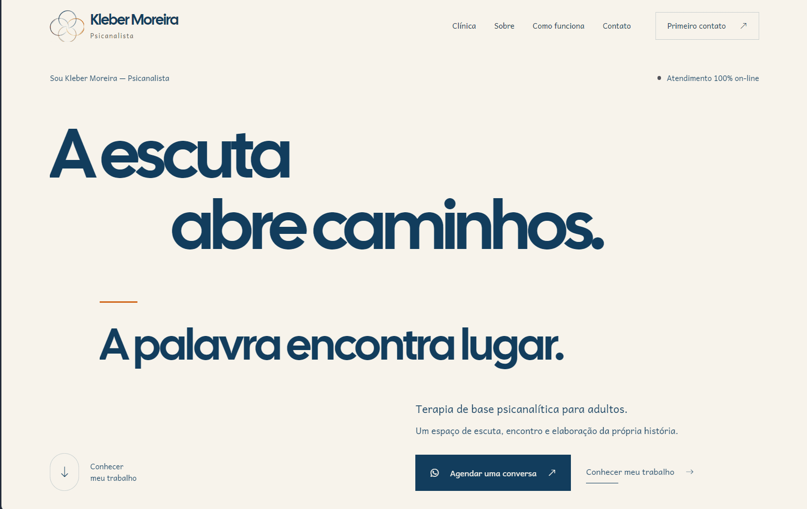 Página inicial do website de Kleber Moreira em uma tela de computador